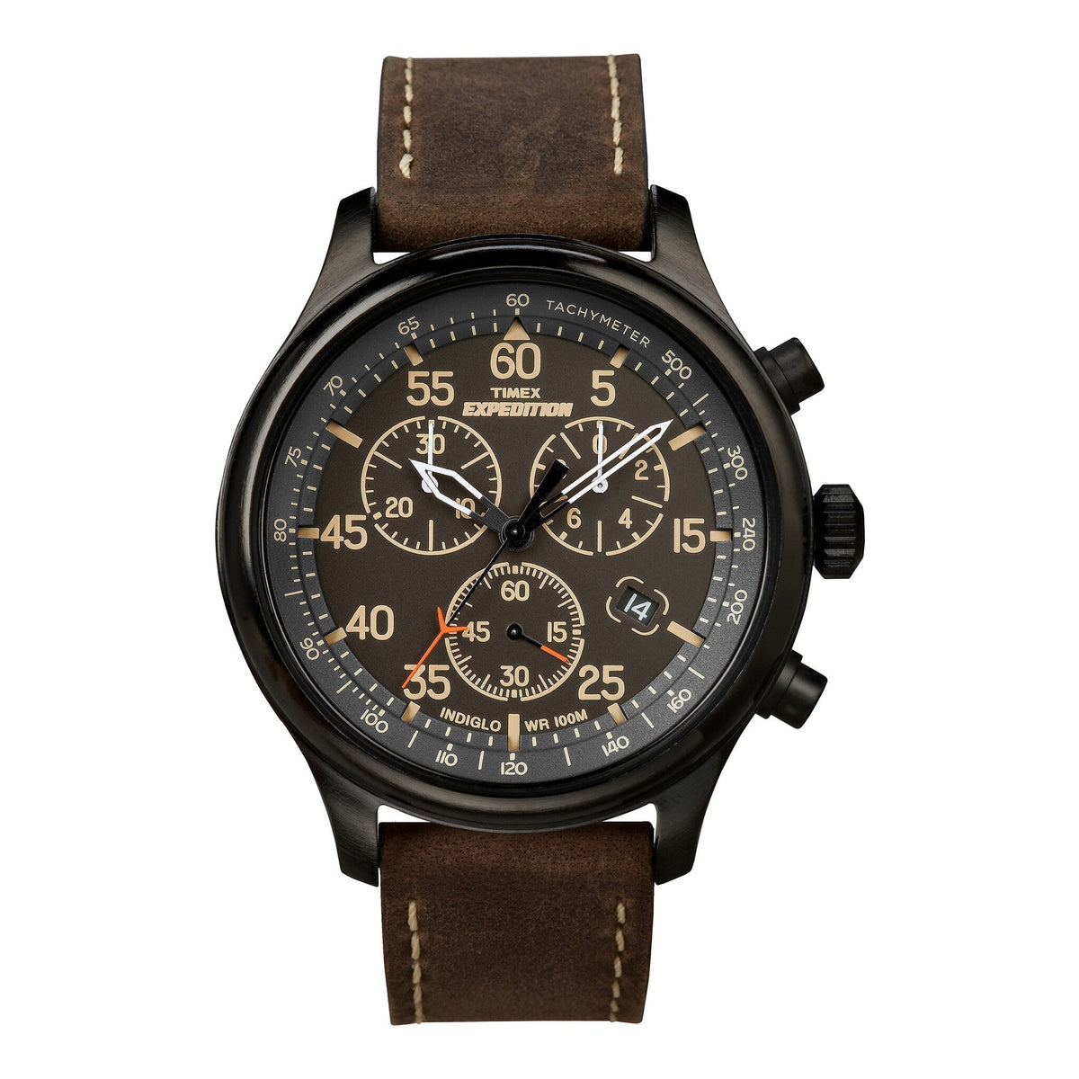 TIMEX EXPEDITION T49905 RUGGED MEN'S WATCH - BLACK DIAL & BROWN LEATHER STRAP, INDIGLO NIGHT-LIGHT