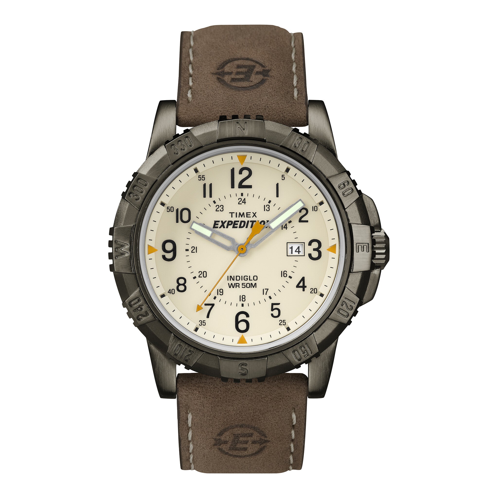 TIMEX Expedition T49990 - RUGGED LEATHER & BRASS MEN'S WATCH with INDIGLO Night-Light