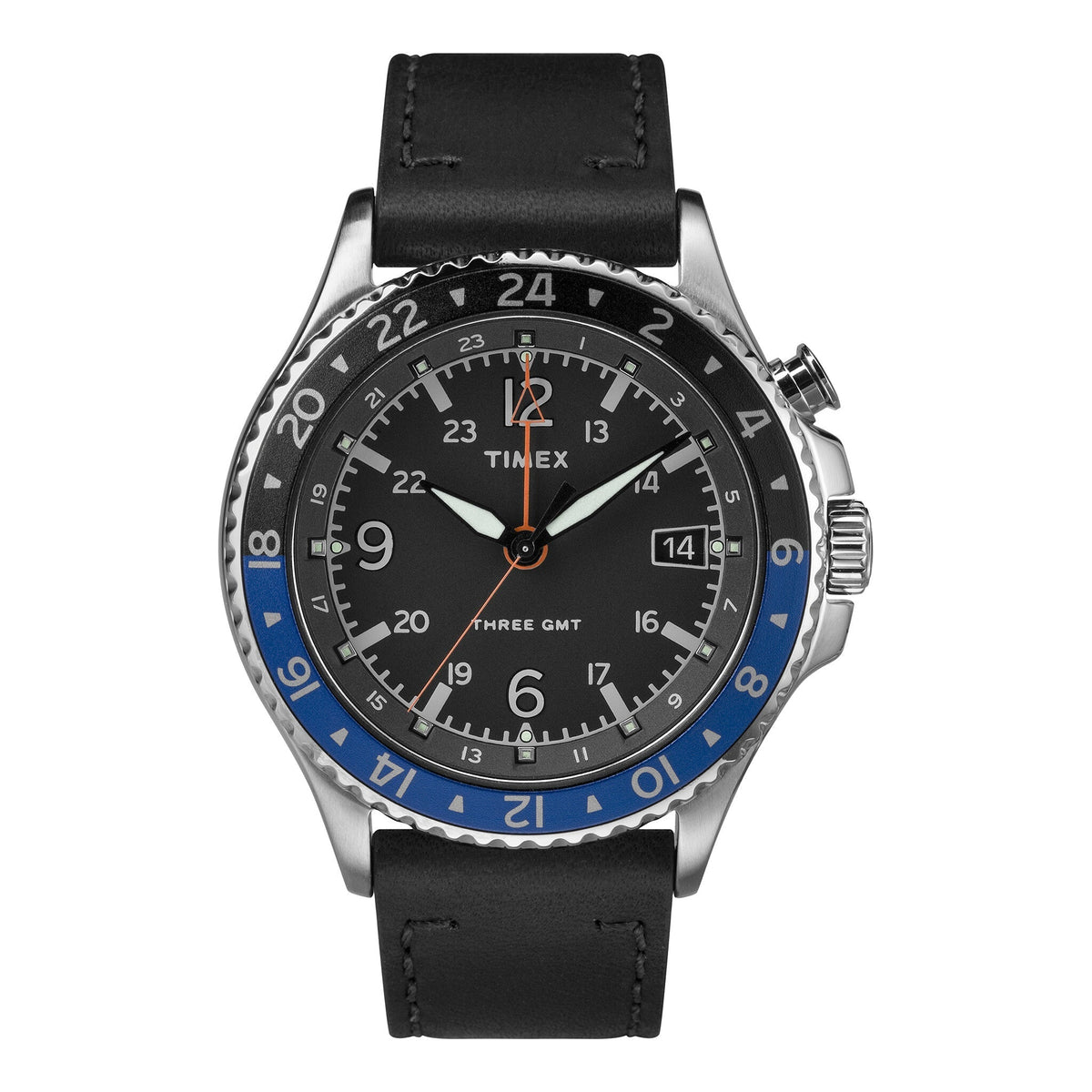 TIMEX MILITARY GMT TW2R43600 - STYLISH MEN'S WATCH WITH BLACK LEATHER STRAP & INDIGLO DIAL