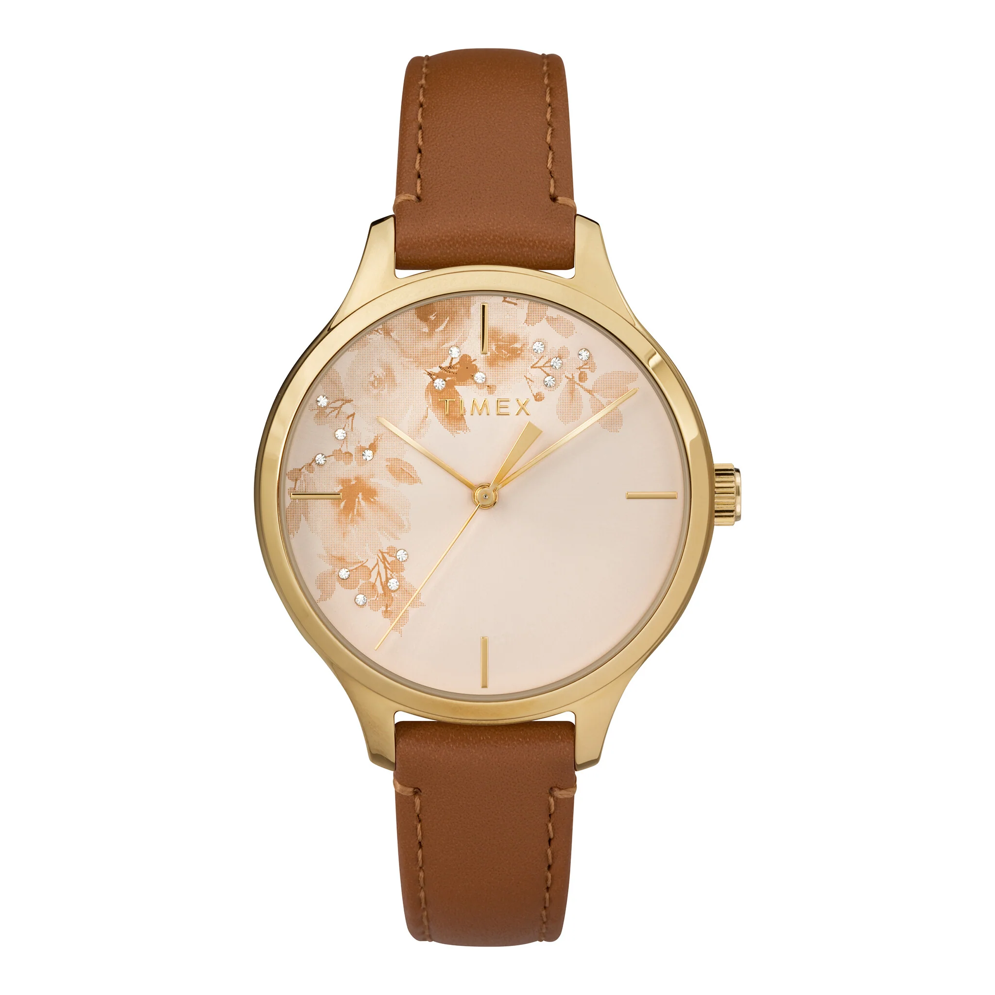 TIMEX Women's Watch with Gold Brass Case and Tan Leather Band