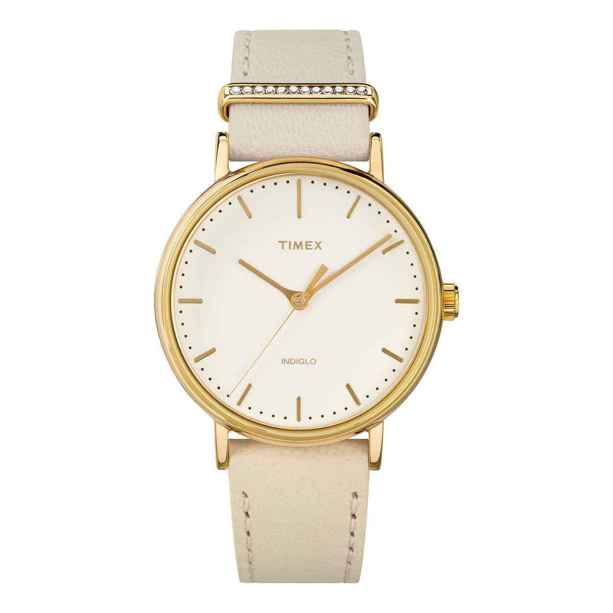 TIMEX Women's Watch with Gold Brass Case and White Leather Band