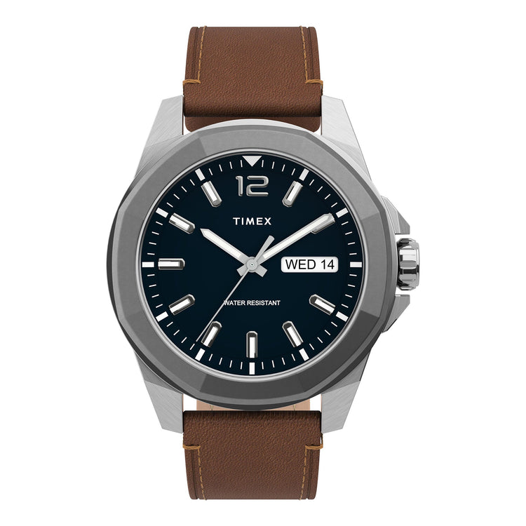 TIMEX CITY COLLECTION TW2U15000 - ELEGANT ESSSEX AVENUE MEN'S WATCH with Brown Leather Band & Blue Dial