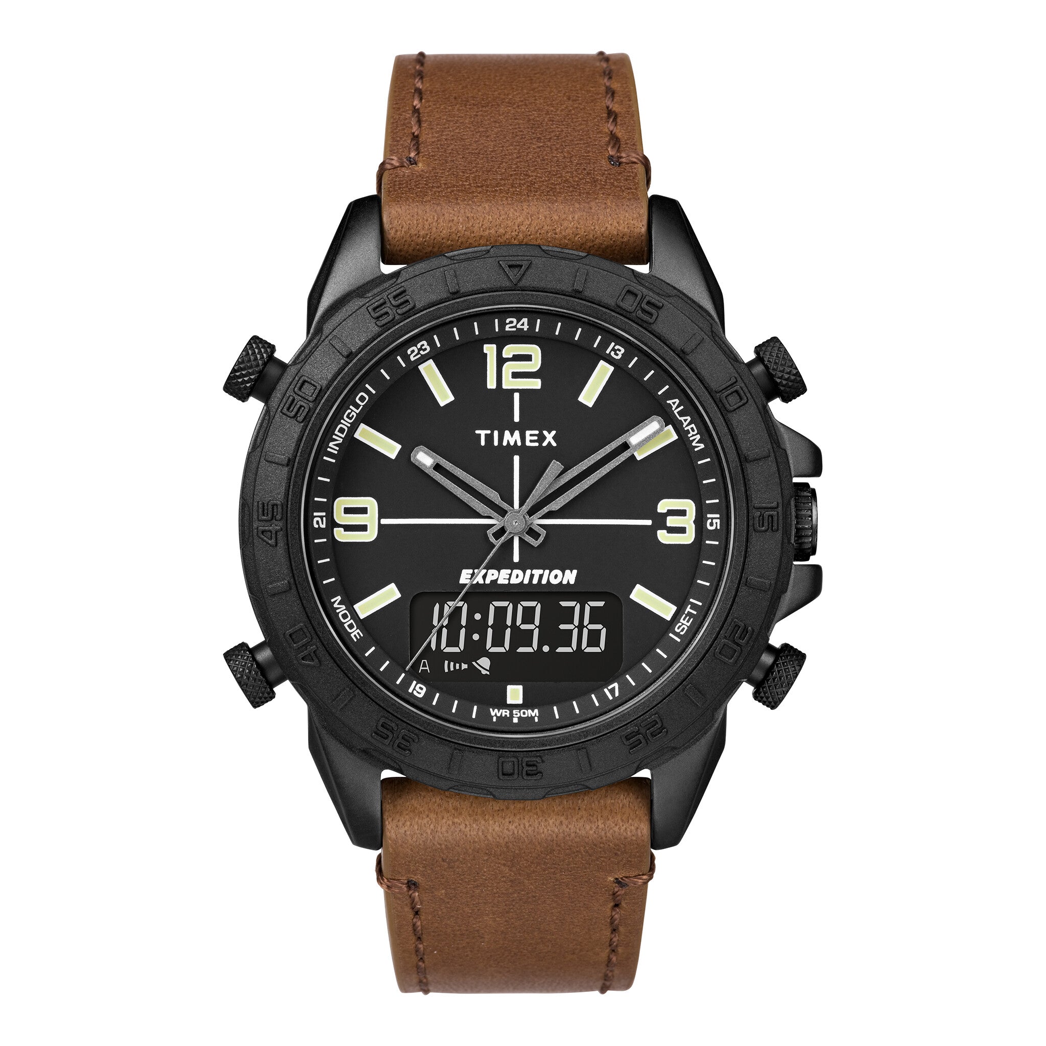 TIMEX EXPEDITION PIONEER - RUGGED MEN'S WATCH WITH BROWN LEATHER STRAP & BLACK DIAL