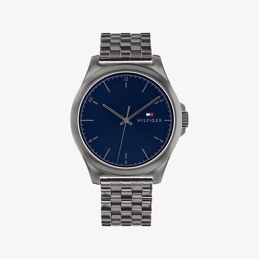 TOMMY HILFIGER GREY STAINLESS STEEL WATCH - MODERN EDGE WITH BLUE DIAL & 5 ATM WATER RESISTANCE