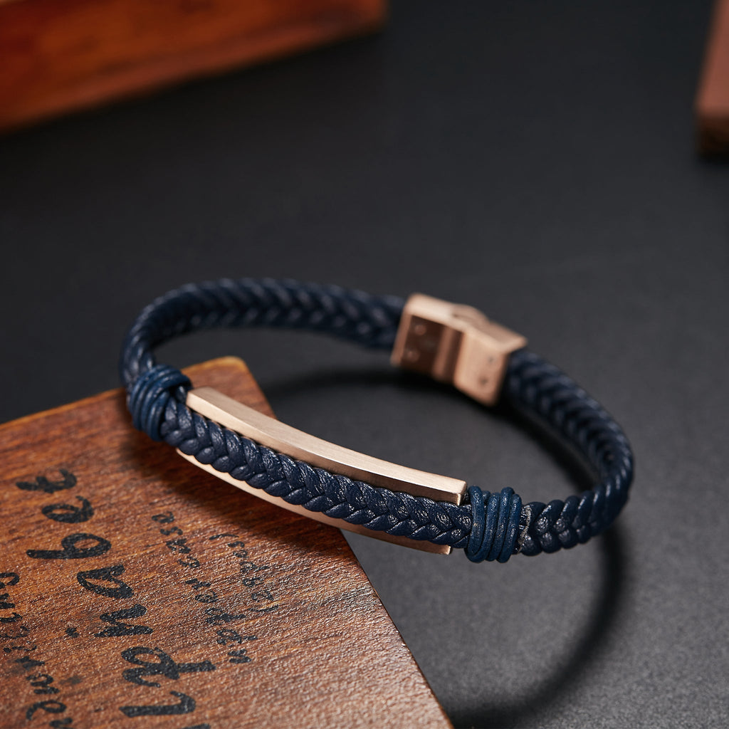 Zink Men's Blue & Rose Gold Stainless Steel & Leather Bracelet | Zjbc028rgbl