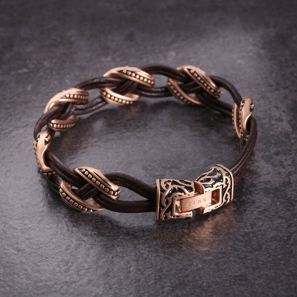 Zink Men's Brown & Rose Gold Leather & Stainless Steel Bracelet | Zjbc038108