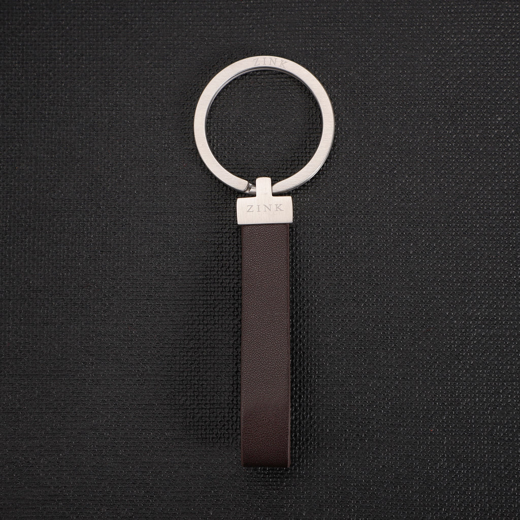 Zink Keychain - Brown & Silver - Stainless Steel & Leather | Zjkc009br