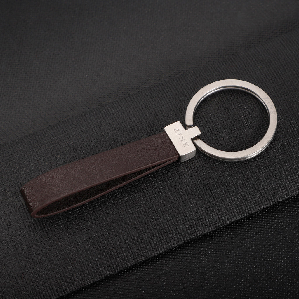 Zink Keychain - Brown & Silver - Stainless Steel & Leather | Zjkc009br