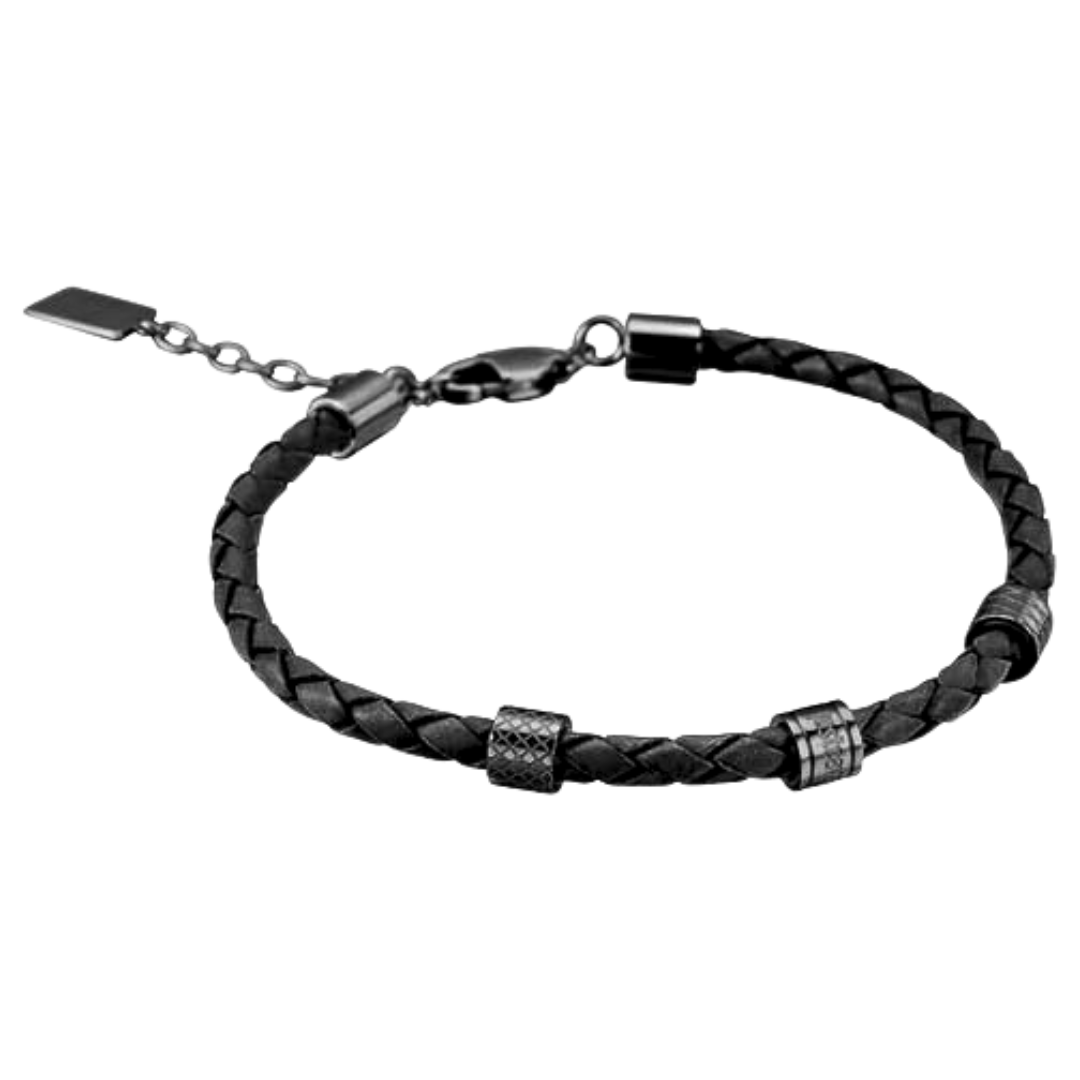 a black leather bracelet with a silver clasp