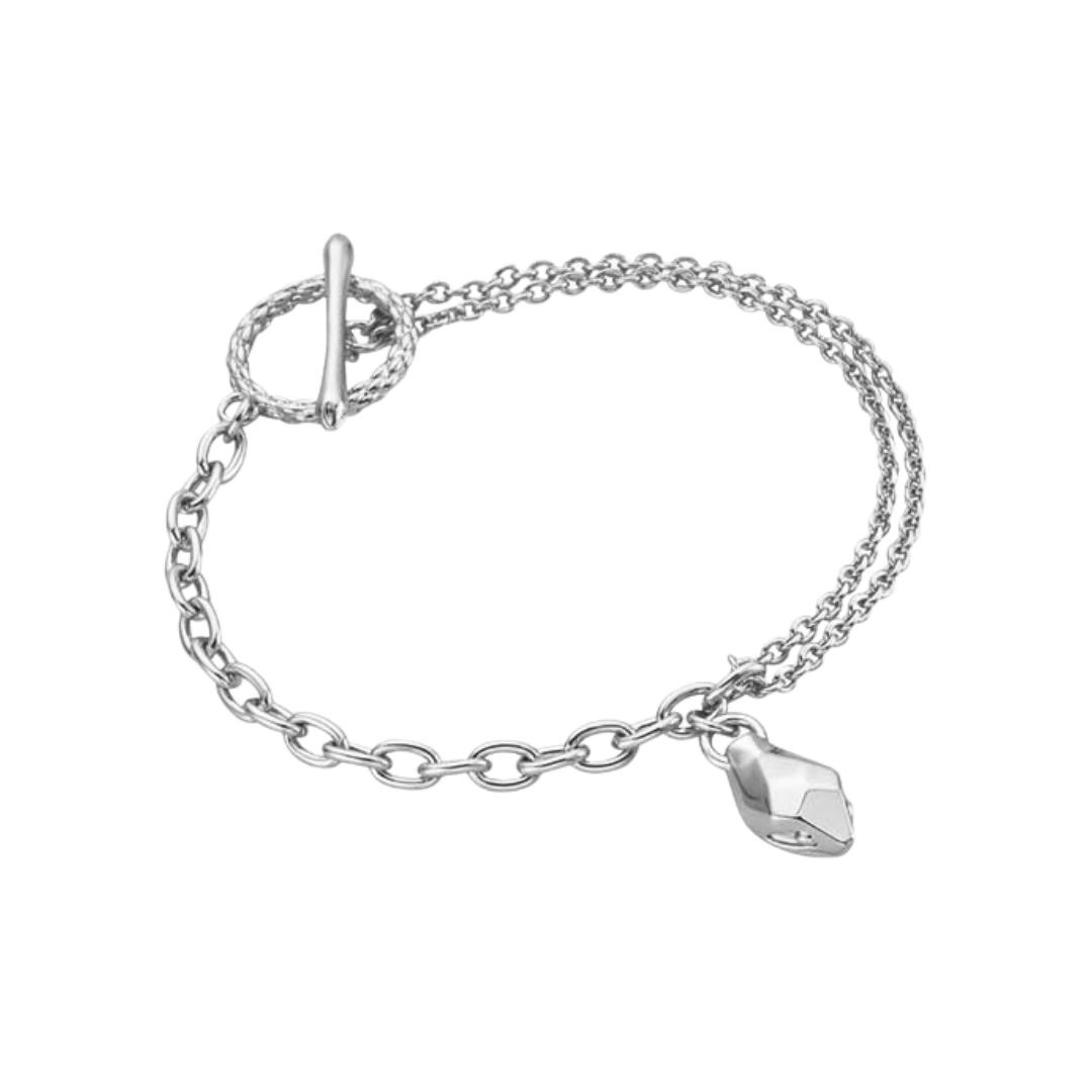 a silver bracelet with a heart charm on it