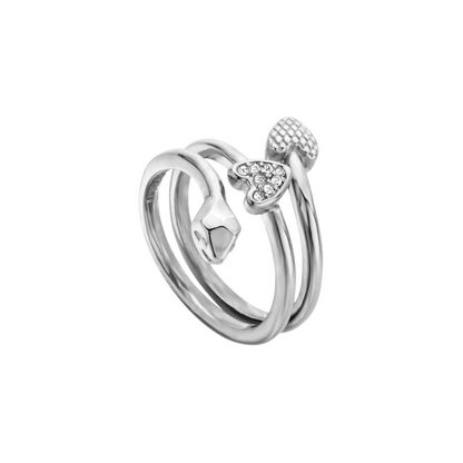 a silver ring with two hearts on it