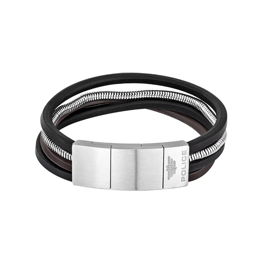 a black leather bracelet with a stainless steel clasp