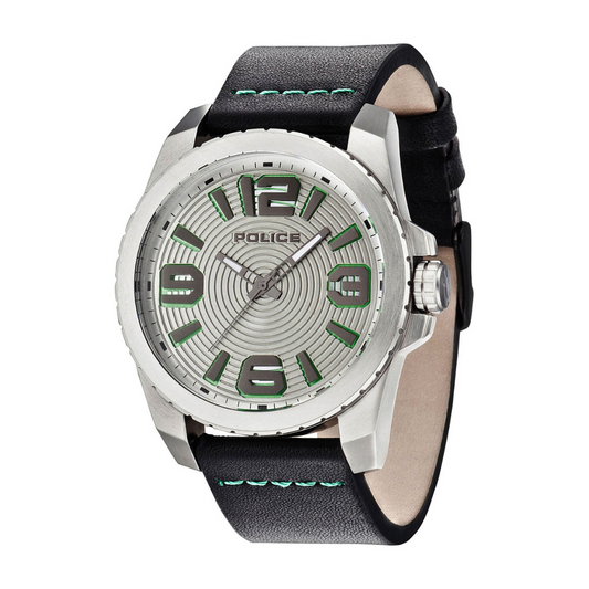 a black and white watch with green accents