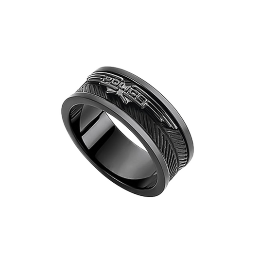 a black ring with a design on it