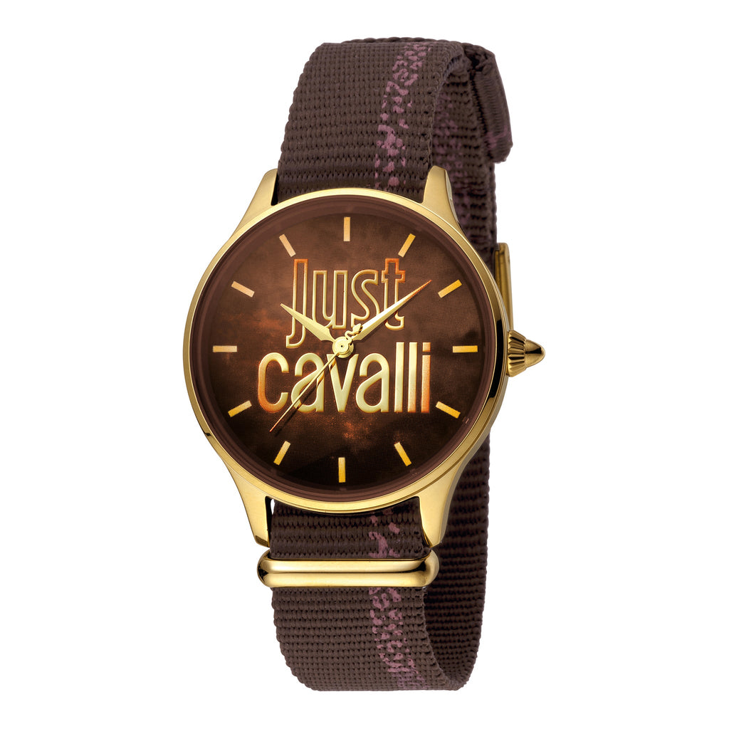 JUST CAVALLI Women's Watch with Gold Stainless Steel Case and Brown Nylon Band