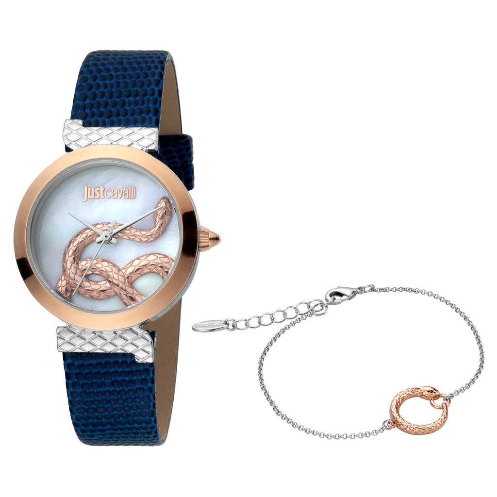 JUST CAVALLI Women's Watch with Silver Stainless Steel Case and Blue Leather Band