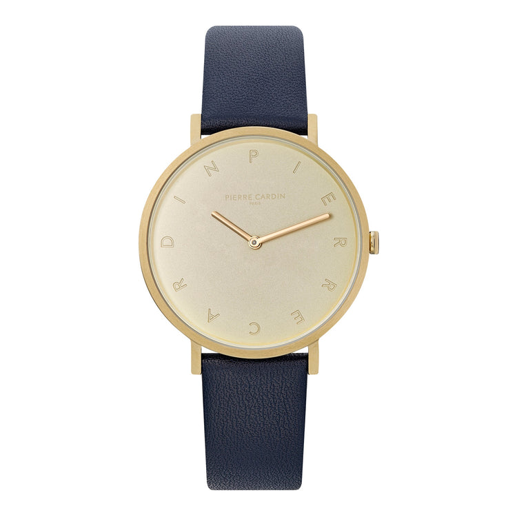 PIERRE CARDIN Women's Watch with Gold Stainless Steel Case and Dark Blue Leather Band