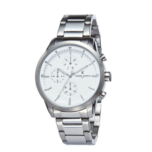 a silver watch on a white background