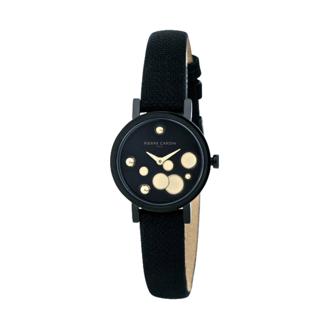 PIERRE CARDIN Women's Watch with Black Stainless Steel Case and Black Leather Band