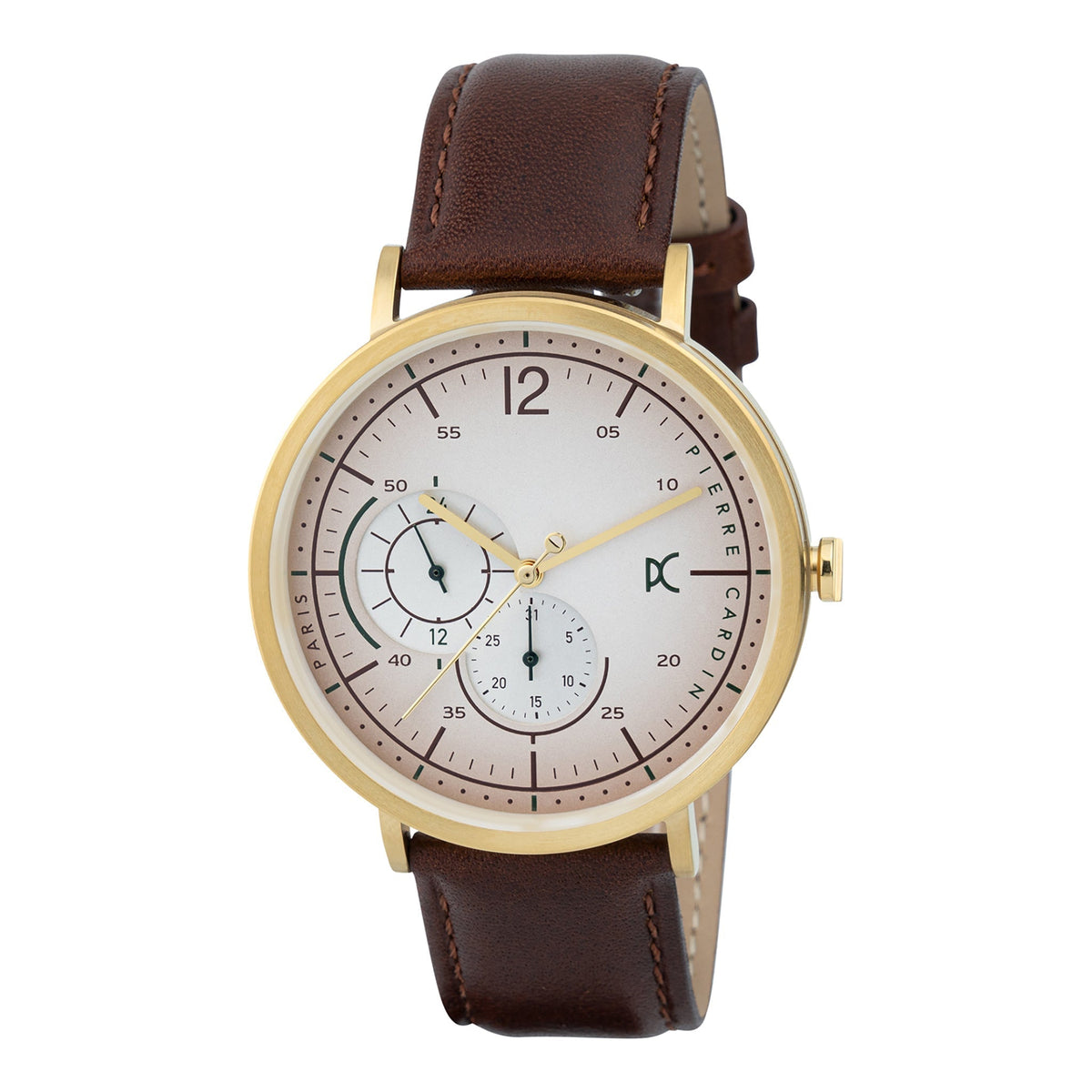 PIERRE CARDIN CBN.3022 MEN'S ELEGANT GOLD STAINLESS STEEL WATCH - BROWN LEATHER BAND