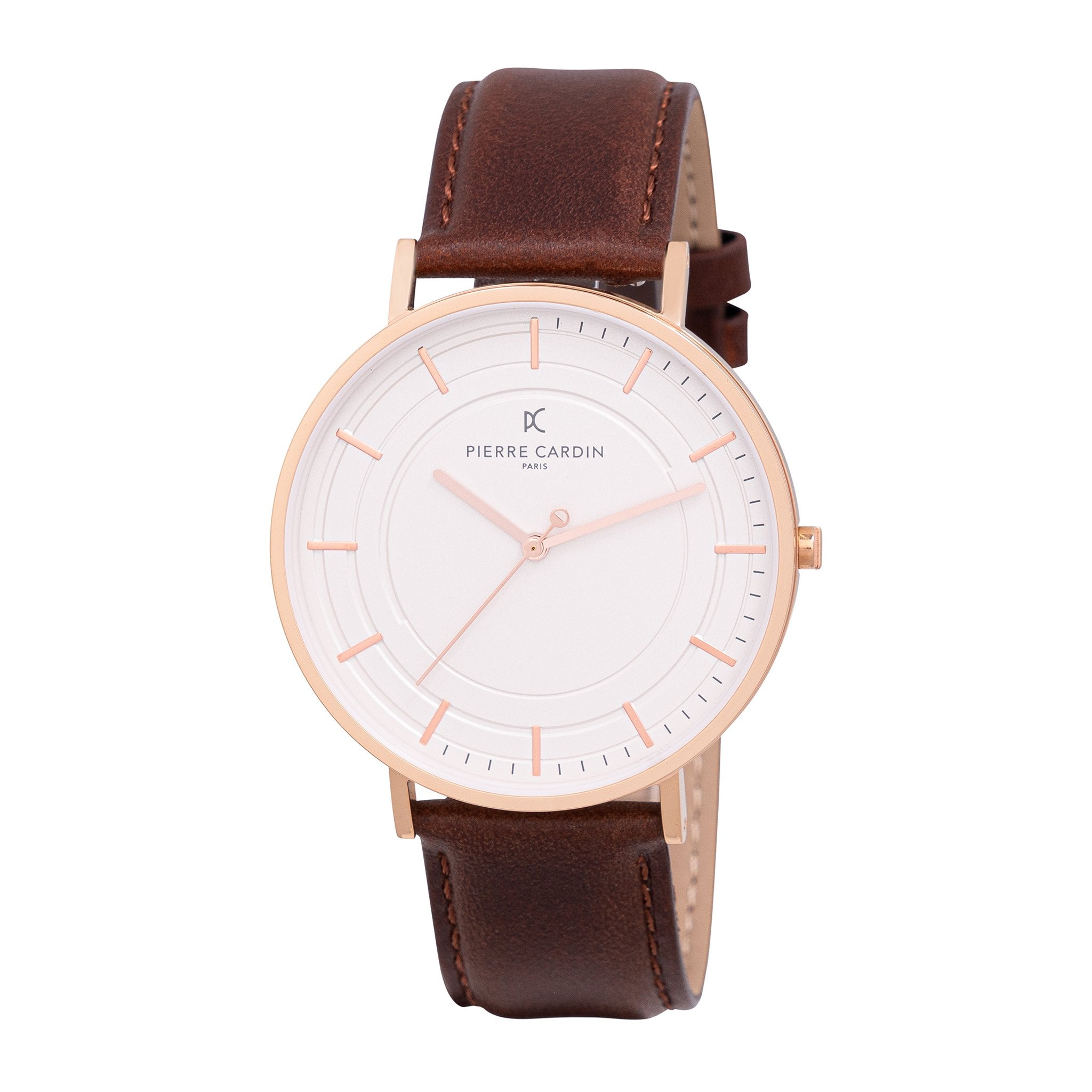 PIERRE CARDIN CBN.3034 ROSE GOLD LUXURY MEN'S WATCH - STYLISH BROWN LEATHER & WHITE DIAL