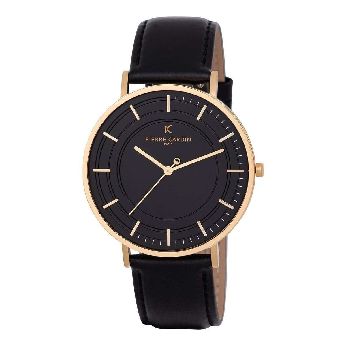 PIERRE CARDIN CBN.3035 - LUXE BLACK DIAL MEN'S WATCH WITH GOLD CASE & LEATHER BAND