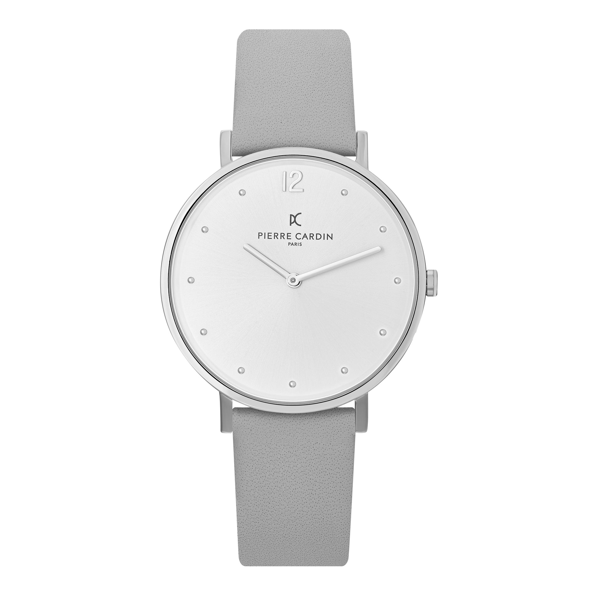 PIERRE CARDIN Women's Watch with Silver Stainless Steel Case and Gray Leather Band