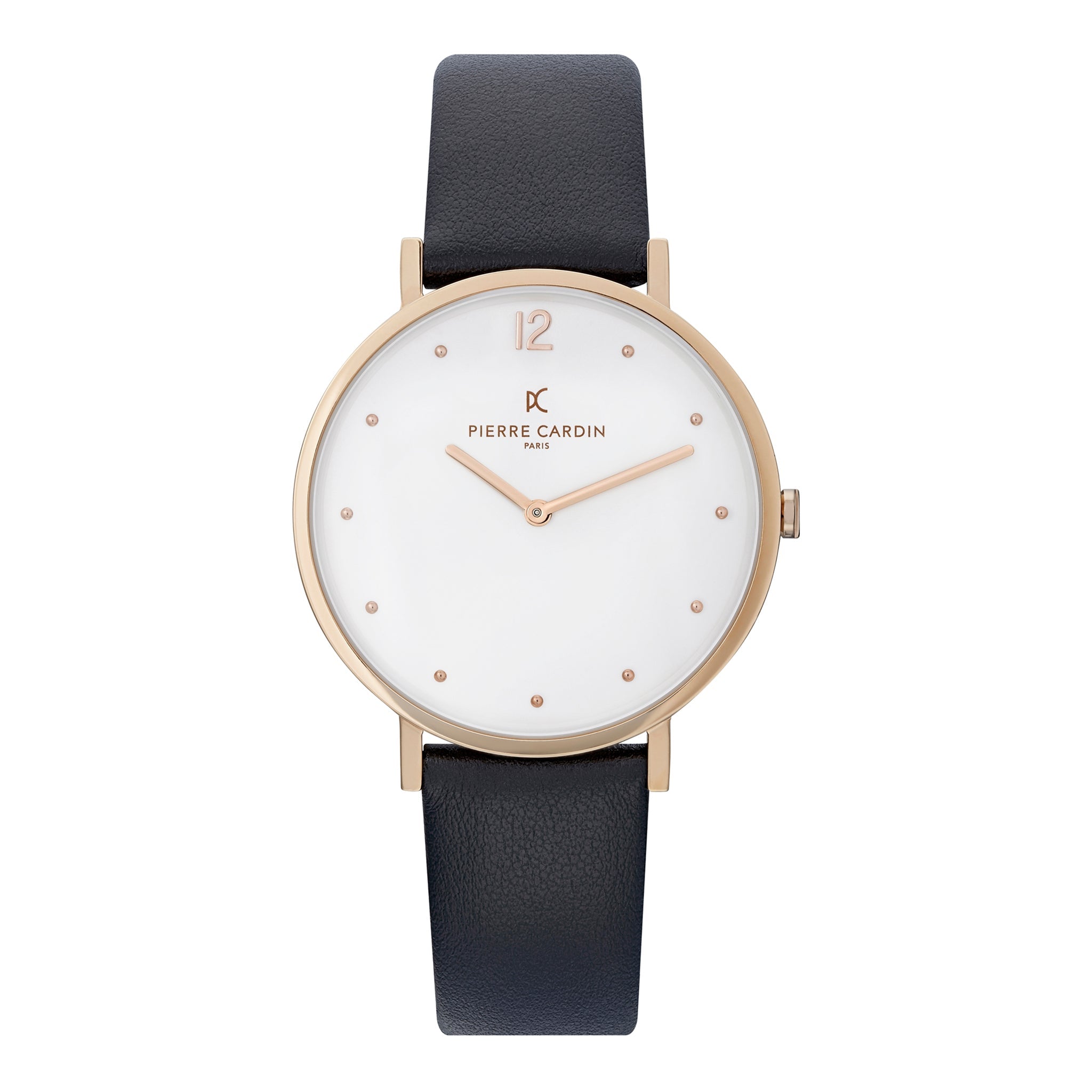 PIERRE CARDIN Women's Watch with Rose Gold Stainless Steel Case and Black Leather Band