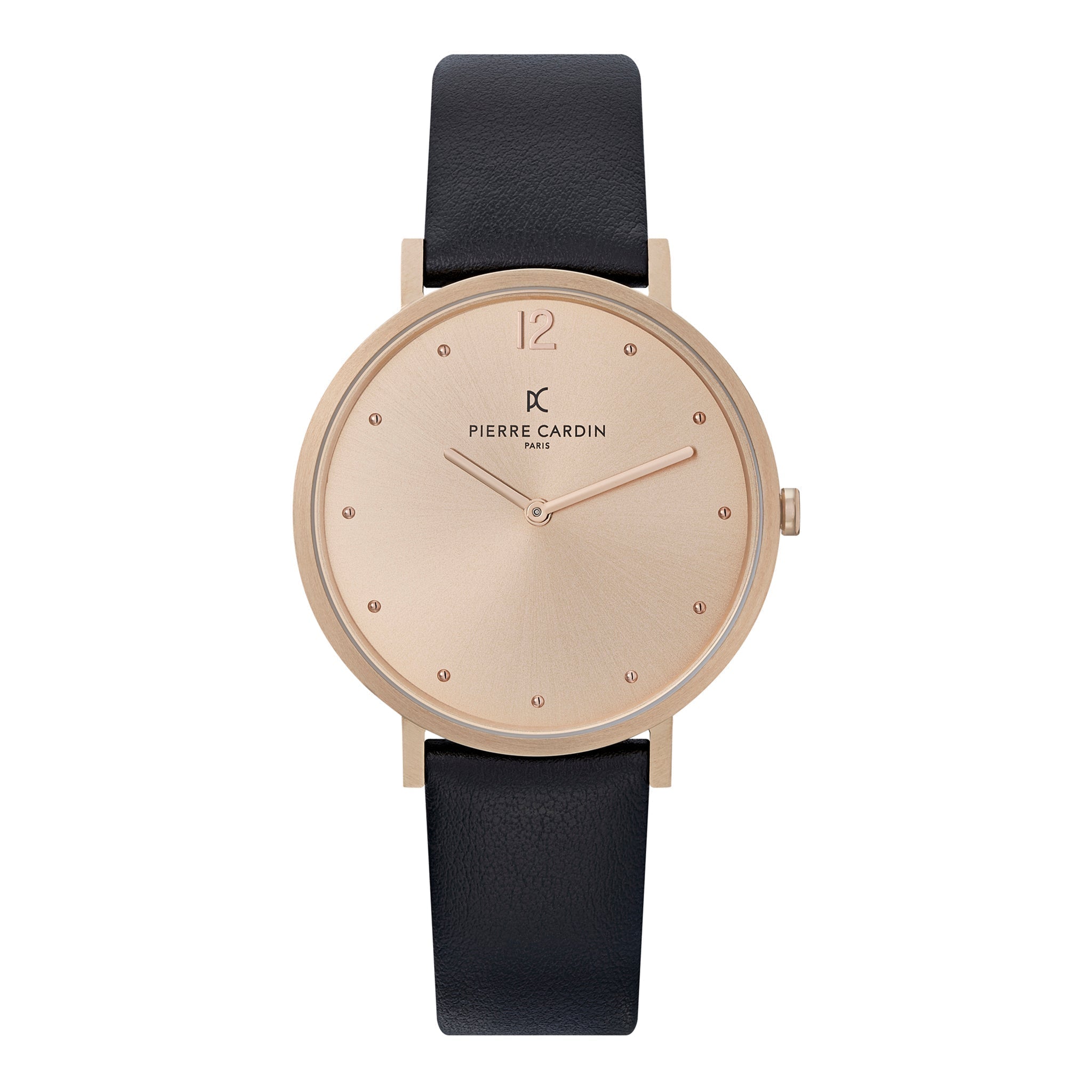 PIERRE CARDIN Women's Watch with Rose Gold Stainless Steel Case and Black Leather Band