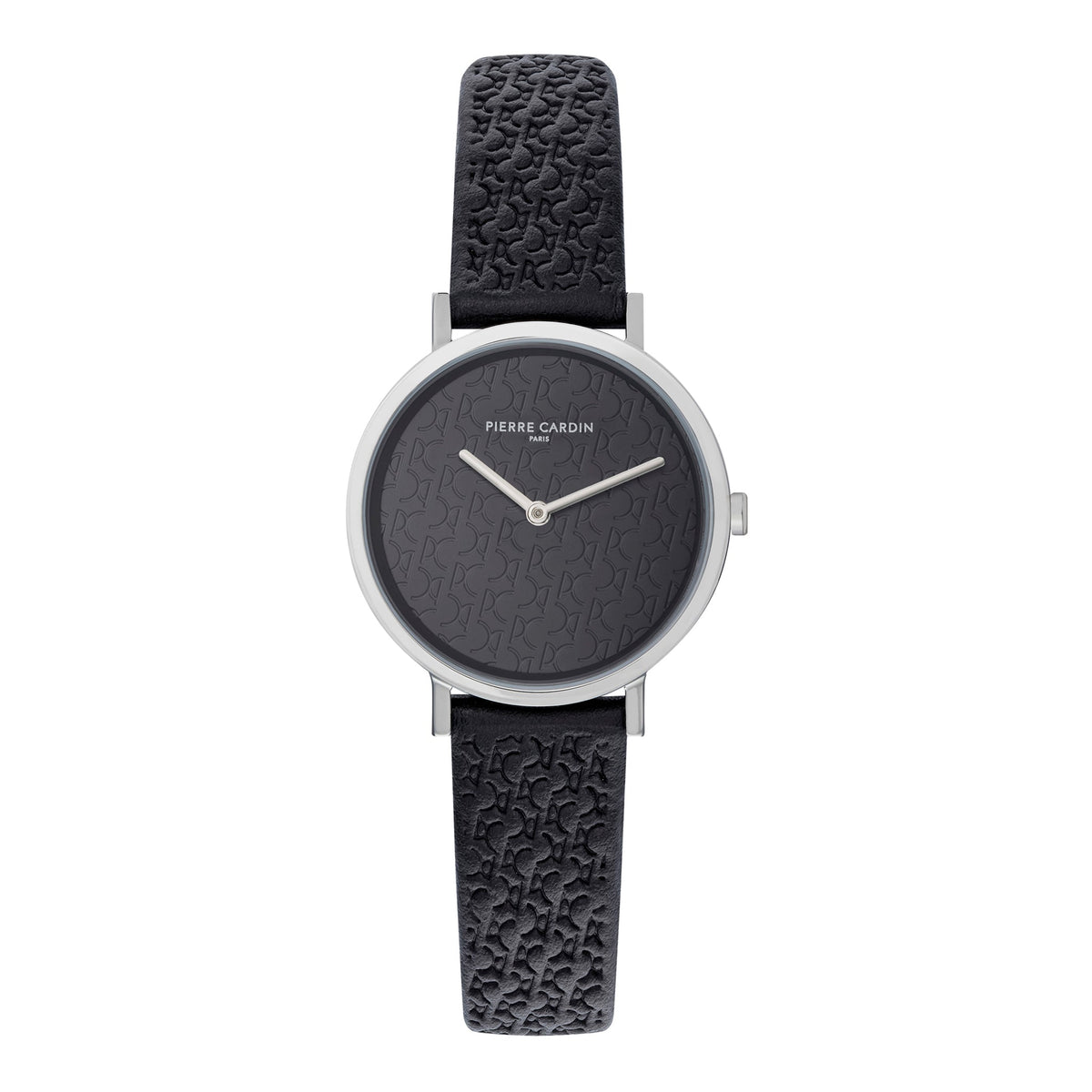 PIERRE CARDIN Women's Watch with Silver Stainless Steel Case and Black Leather Band