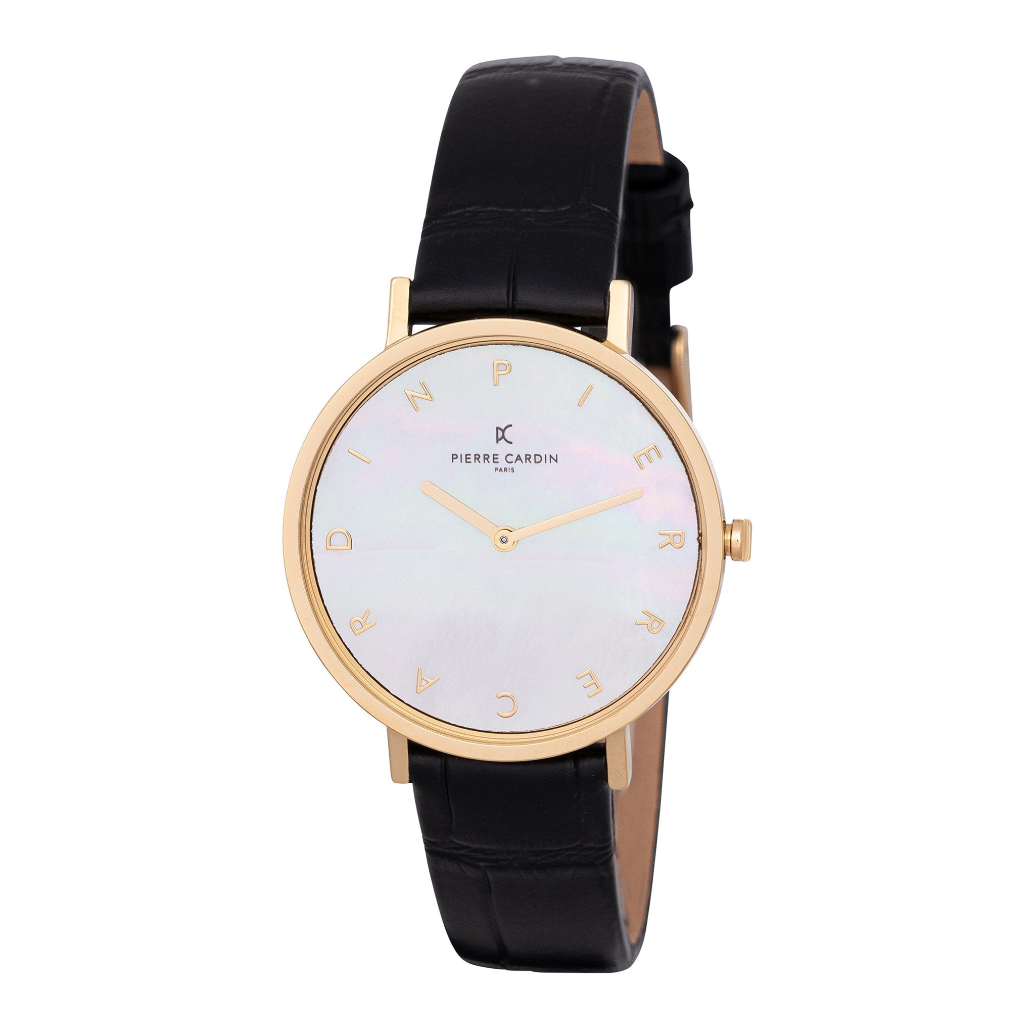 PIERRE CARDIN Women's Watch with Gold Metal Case and Black Leather Band