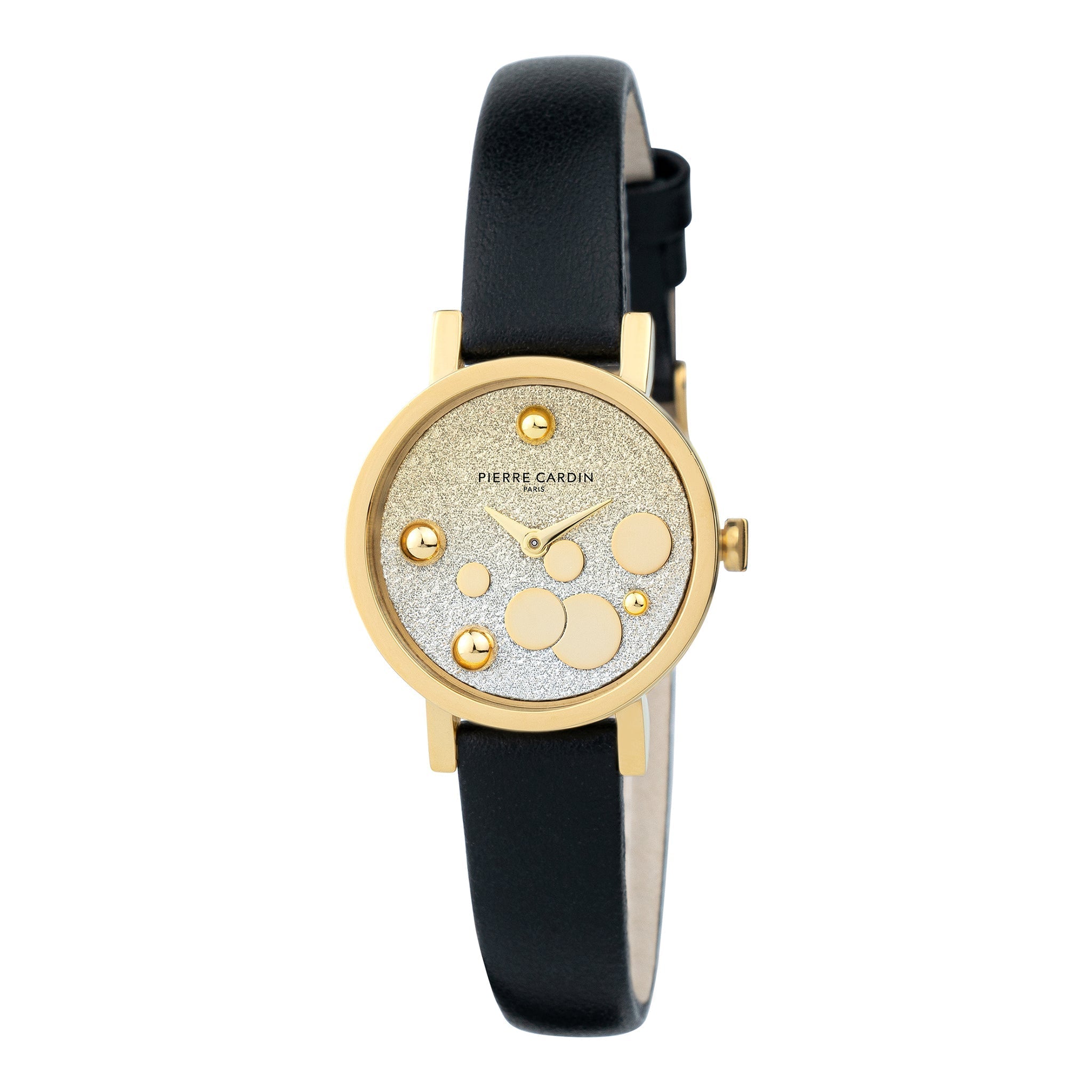 PIERRE CARDIN Women's Watch with Gold Stainless Steel Case and Black Leather Band