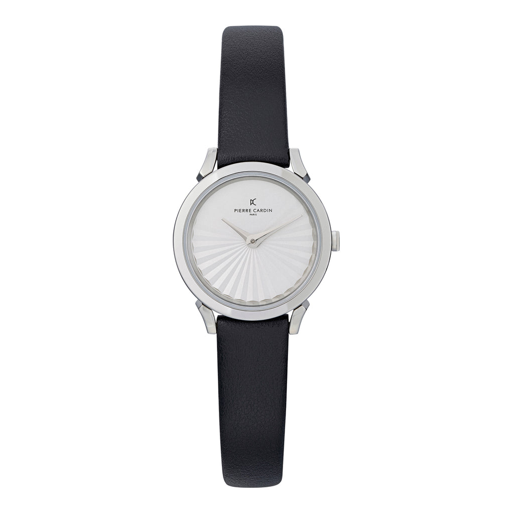 PIERRE CARDIN Women's Watch with Silver Stainless Steel Case and Black Leather Band