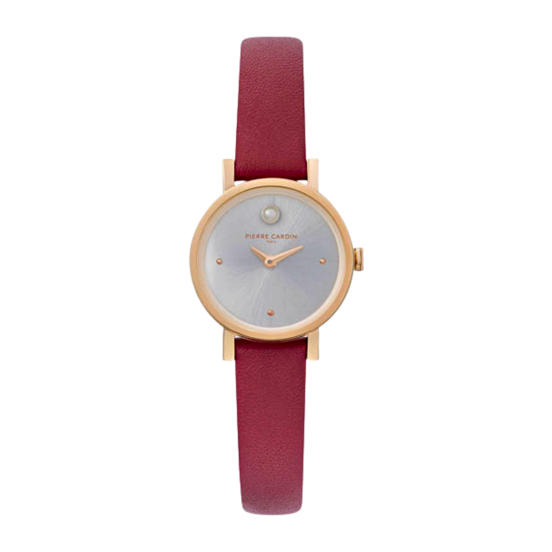 PIERRE CARDIN Women's Watch with Rose Gold Stainless Steel Case and Burgundy Leather Band