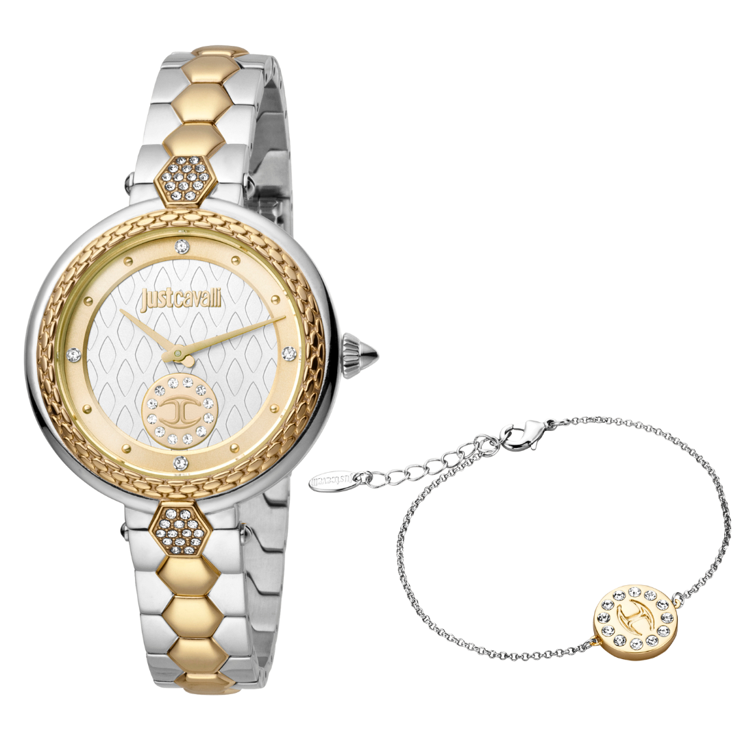 JUST CAVALLI Women's Watch with Silver Stainless Steel Case and Silver & Gold Stainless Steel Band