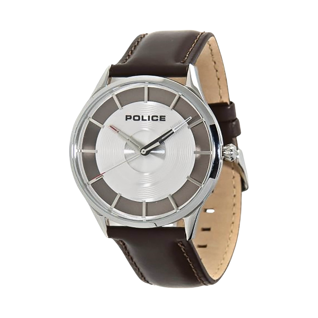 a police watch with a brown leather strap