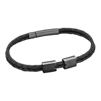 a black leather bracelet with two square clasps