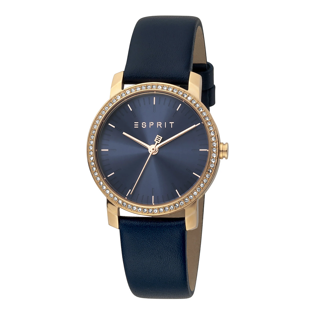 ESPRIT Women's Watch with Rose Gold Stainless Steel Case and Blue Leather Band