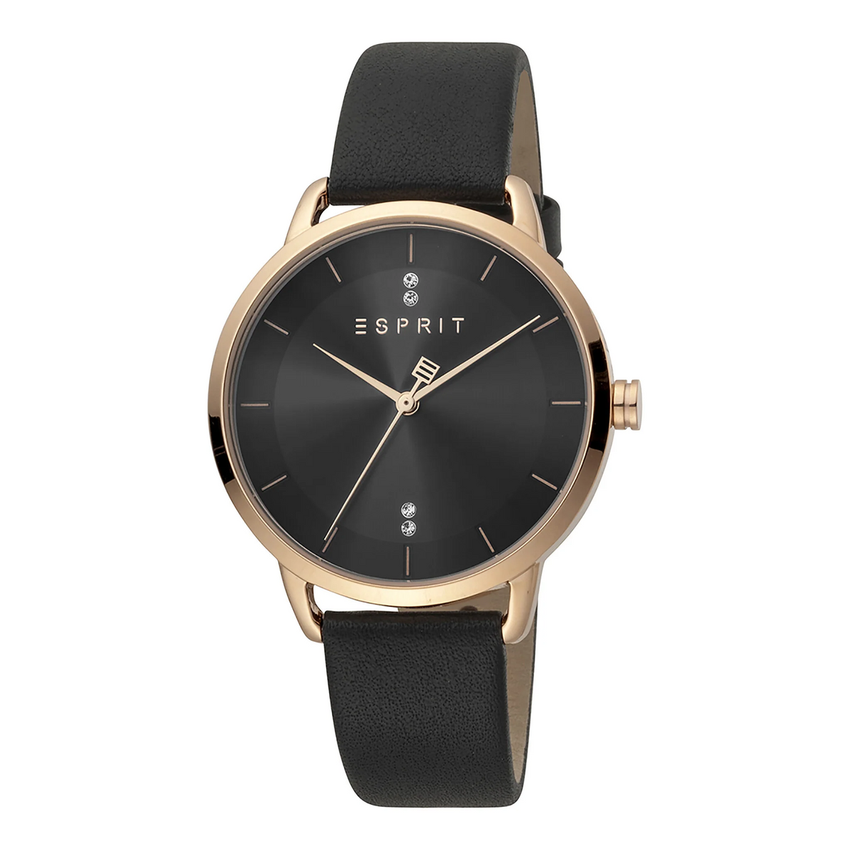 ESPRIT Women's Watch with Rose Gold Stainless Steel Case and Black Leather Band