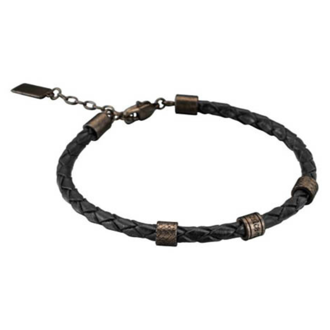 a black leather bracelet with a metal clasp