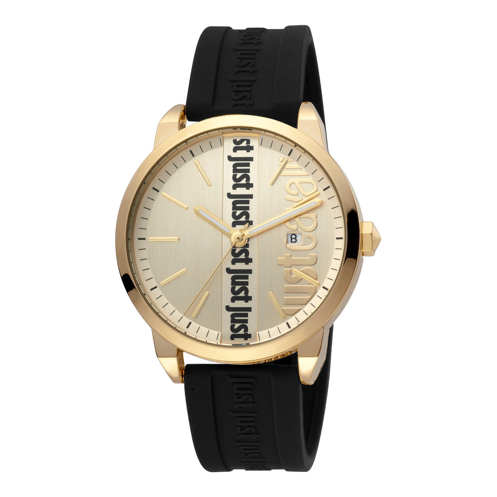 JUST CAVALLI JC1G141P0035 MEN'S ELEGANT CHAMPAGNE DIAL WATCH - BLACK SILICONE & GOLD CASE