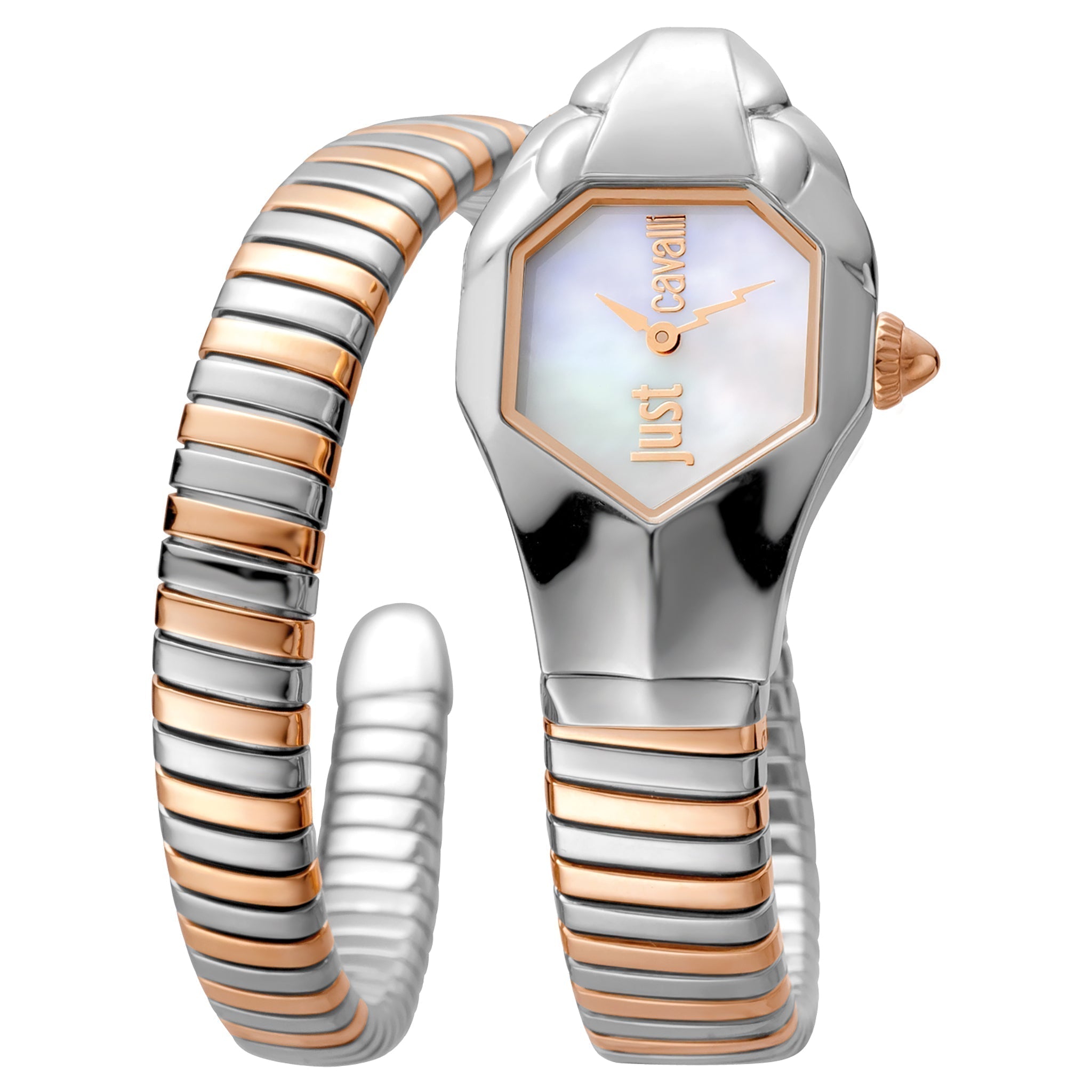 JUST CAVALLI Women's Watch with Silver & Rose Gold Stainless Steel Case and Silver & Rose Gold Stainless Steel Band