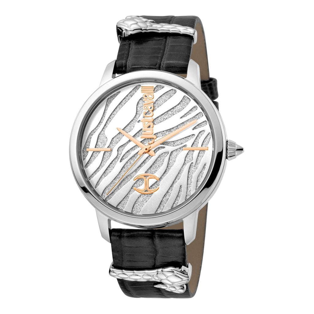 JUST CAVALLI Women's Watch with Silver Stainless Steel Case and Black Leather Band