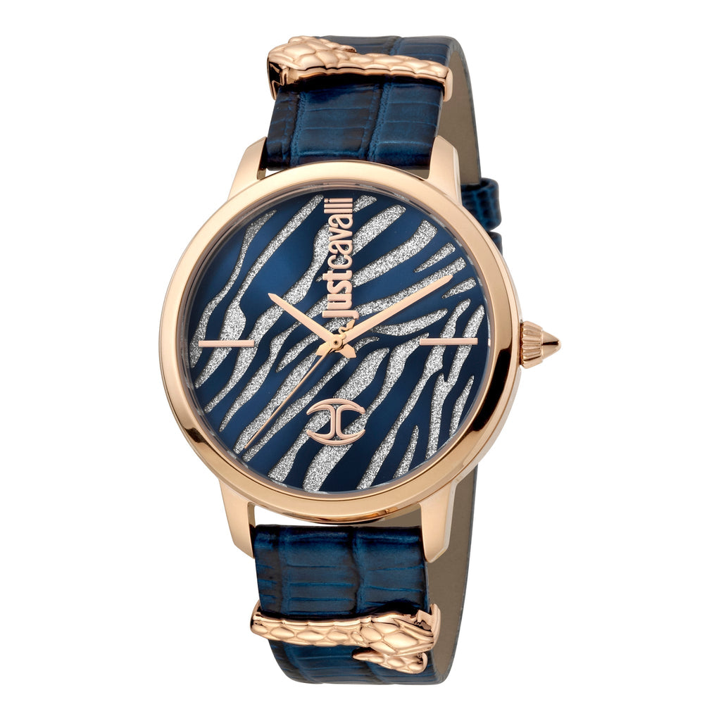 JUST CAVALLI Women's Watch with Rose Gold Stainless Steel Case and Blue Leather Band