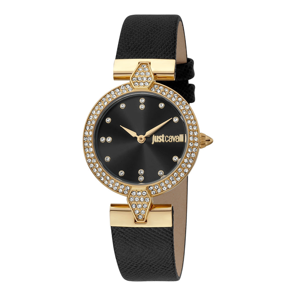 JUST CAVALLI Women's Watch with Gold Stainless Steel Case and Black Leather Band