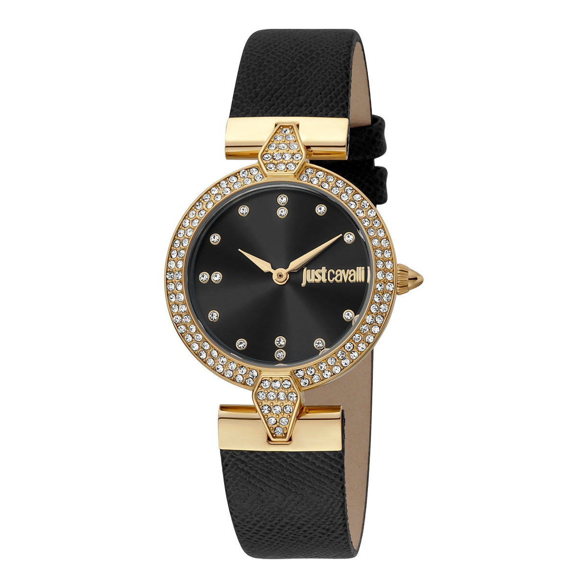 JUST CAVALLI Women's Watch with Gold Stainless Steel Case and Black Leather Band